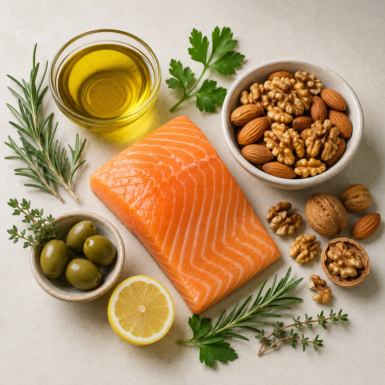 Losos, ořechy, olivový olej a olivy jako přírodní zdroje omega-3